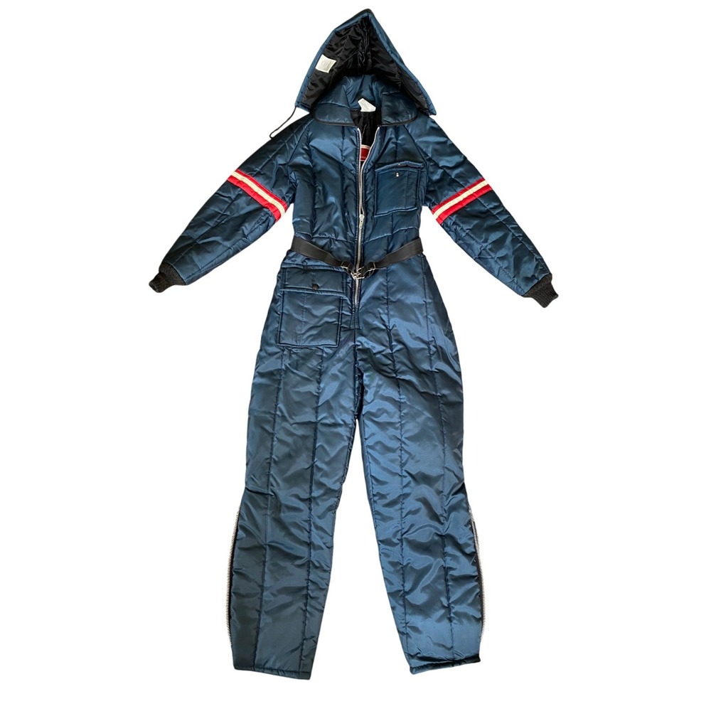 Vintage Quilted Blue Ski Suit One Piece Hooded Belted Small Gorpcore Utility 70s